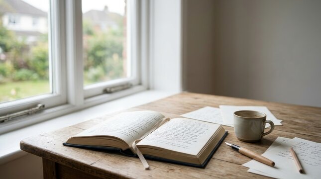 Open Journal with Pen and Coffee by a Window