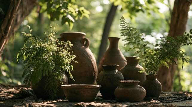 Earthenware pottery collection arranged with lush ferns in dappled sunlight on a rustic surface