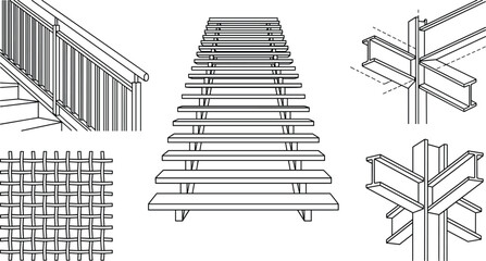 Obraz premium Industrial Construction Metal Stair and Steel Beam Line Art Vector Set for Engineering Designs