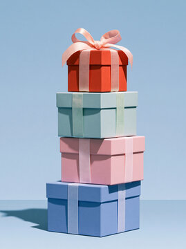 Colorful stack of beautifully wrapped gift boxes with ribbons against a bright blue background Generative AI
