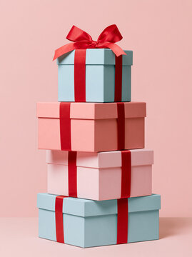 Colorful stack of gift boxes topped with a vibrant bow against a soft pink background Generative AI