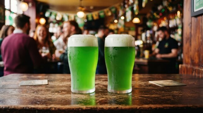 Green Beer at the Pub: Two pints of vibrant green beer with frothy white heads sit on a rustic wooden bar counter, beckoning patrons to celebrate a festive occasion amidst a lively pub atmosphere.