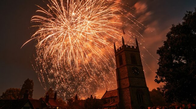 Explosive fireworks display over a historic church tower during a night celebration with vibrant light trails