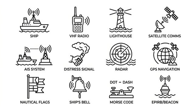Illustrated icons depicting various maritime and communication navigation systems.