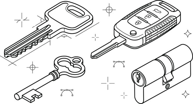 Isometric locksmith security key and car remote fob line art vector icon set