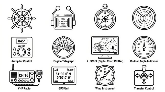 Collection of vintage ship navigation and instrument icons.