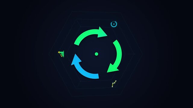 Animated Infographic Cycle Process Flow with Rotating Arrows and Digital Data Elements Within a Hexagonal Frame