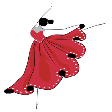 Hand drawn dancing figure wearing a flowing red skirt with decorative details, captured in an expressive ballet-inspired pose. Suitable for dance, ballet, performance, fashion and creative