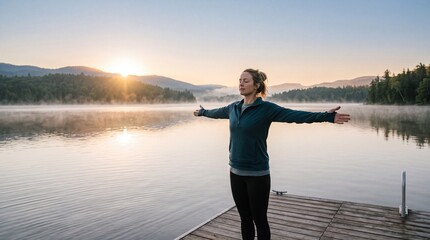 Fototapeta premium Side profile of woman in yoga wear meditating deeply by misty lakeside in morning light