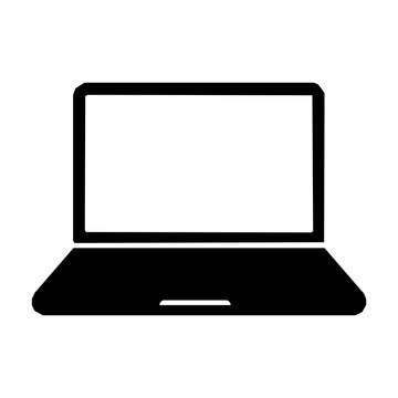 Laptop computer solid icon. Featuring open screen and keyboard base. Black glyph vector symbol for technology hardware digital communication office work web interfaces and software apps