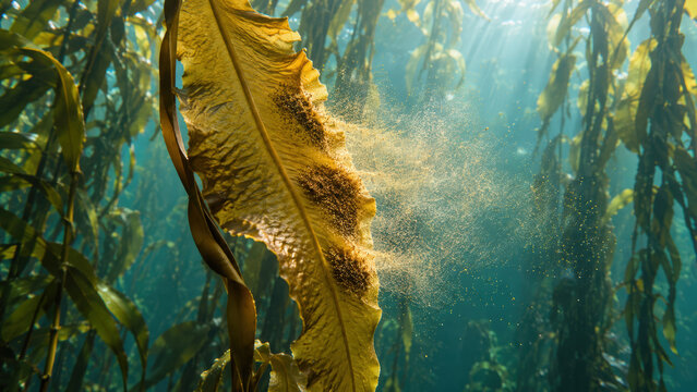 Underwater kelp forest with golden seaweed leaf releasing particles in sunlit green water