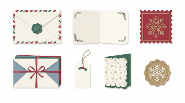 Set of Christmas mail elements including envelopes and greeting cards on white