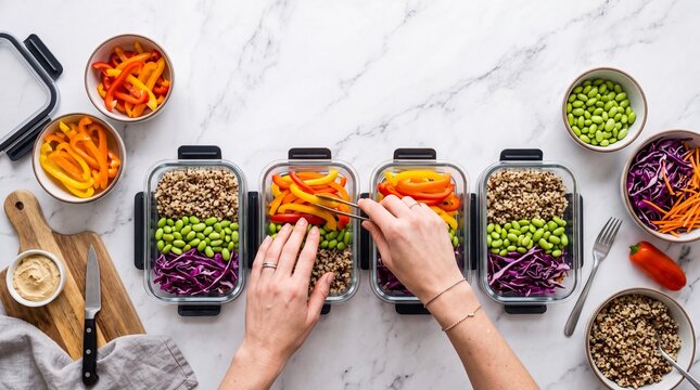 First-person perspective of hands assembling healthy meal prep bowls with rainbow vegetables and quinoa