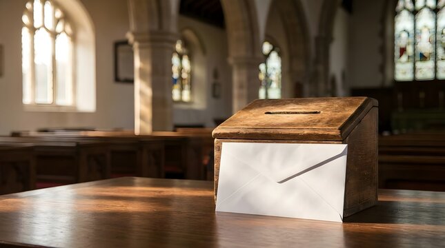 Tithing Envelope and Donation Box Concept Inside Church