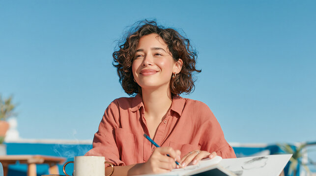 Joyful Reflection: A young woman with curly hair smiles contentedly as she writes in a journal outdoors, bathed in sunlight with a clear blue sky overhead. independent living, work-life balance, slow 