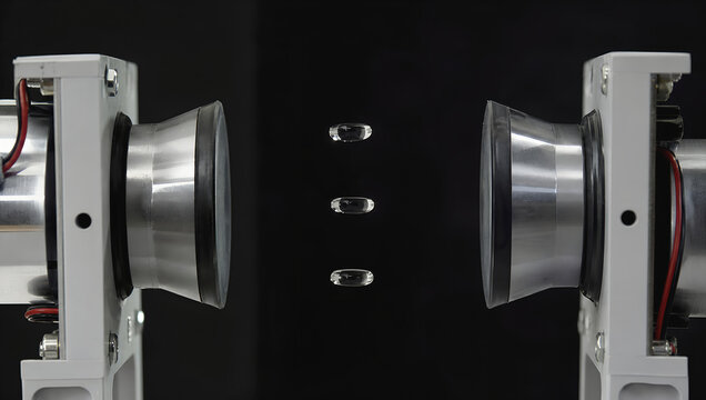 Acoustic levitation speaker array creates floating metal capsules in dark laboratory setting with visible sound technology and symmetry