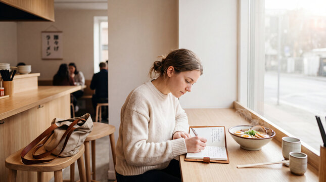 Young woman studying in cafe, writing in a notebook next to a bowl of ramen, independent living, work-life balance, slow living