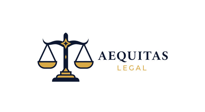 Aequitas Legal law firm logo vector with scales of justice icon. Professional attorney branding with gold and navy blue colors. Elegant judicial symbol for lawyer office and court services.