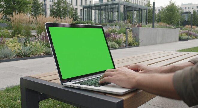 Man Typing on Laptop with Green Screen in Modern Urban Plaza