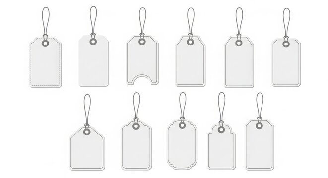 Collection of blank white paper hang tags on white background with price tags