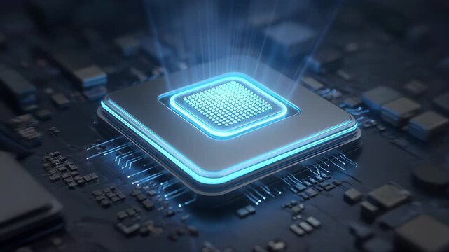 Close Up of Blue Computer Circuit Board with Microchip, Electronic Components, Semiconductor Processor and Digital Data Network Technology