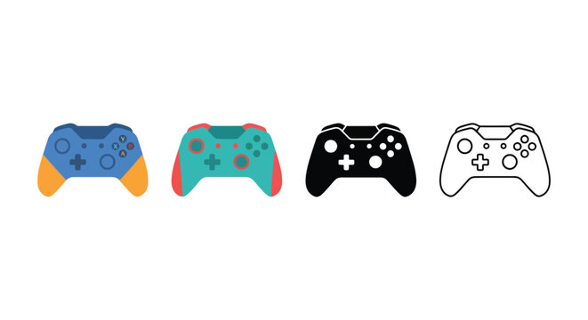 Four video game controllers in various colors and styles are displayed