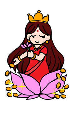 Cute chibi goddess Lakshmi sitting on a lotus with gold coins, Diwali festival illustration
