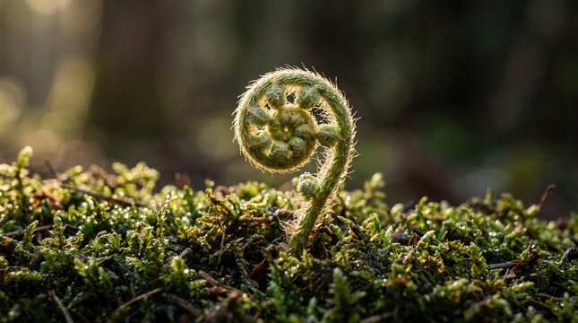 Young green fern fiddlehead unfurls on wet mossy forest ground illuminated by soft filtered morning sunlight.