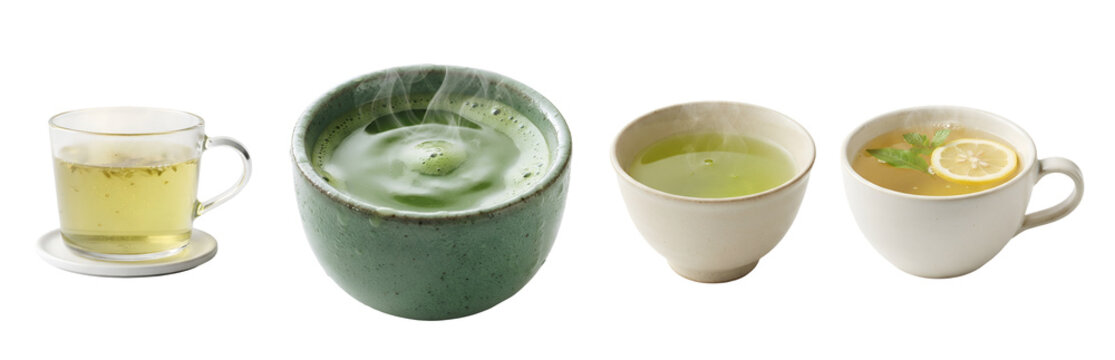 Assorted hot green tea beverages served in ceramic bowls and glass cups with steam rising from vibrant liquid infusions captured in high quality studio photography style on transparent background.