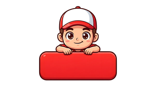 Cartoon boy wearing a red cap leaning on a blank red sign