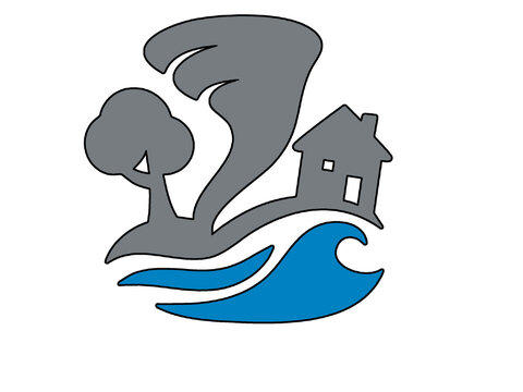 Tornado and flood natural disaster vector icon with house and tree isolated on black background