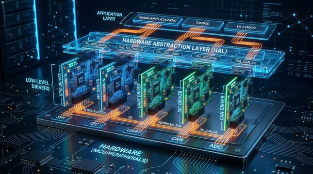 Modern embedded system architecture with through abstraction interfaces connecting hardware drivers