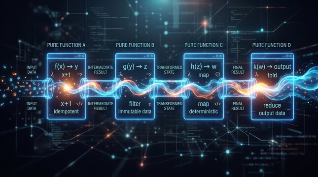 Abstract representation of sequential pure functions processing data through computational stages