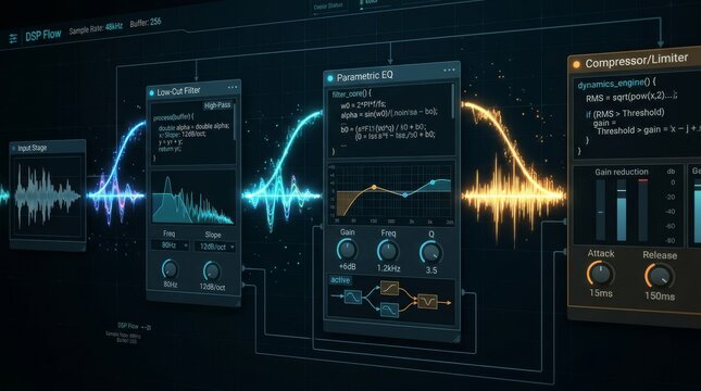 Detailed audio dsp workflow featuring filters equalization and dynamics processing in a digital