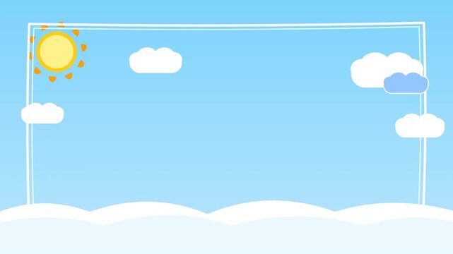 Cute cartoon sky background with sun and clouds and a white frame border.