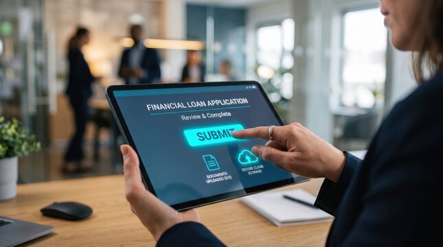Person holding a tablet computer displaying a financial loan application interface with a glowing blue submit button and document upload in a blurred office environment