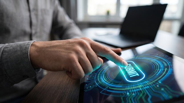 Person touching a glowing blue submit button on a tablet screen with digital circuit board patterns and circular light rings in a blurred office environment