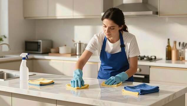 Young Woman in Blue Apron and Protective Gloves Cleaning a White Marble Kitchen Countertop in a Bright Modern Home Interior with Sunlight Streaming Through Windows
