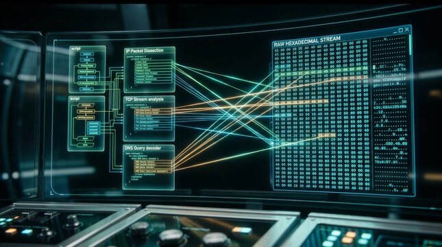 Cinematic network packet dissection and analysis on high tech digital interface with network traffic