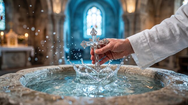 Priest hand in white vestment dipping a clear glass crucifix into a stone baptismal font creating water splashes inside a dimly lit church with blurred stone arches and stained glass windows