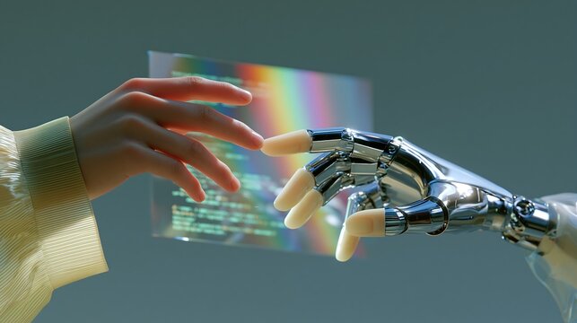 Human hand and futuristic chrome robotic arm reaching to touch near transparent digital holographic screen representing artificial intelligence collaboration innovation and human machine interaction.
