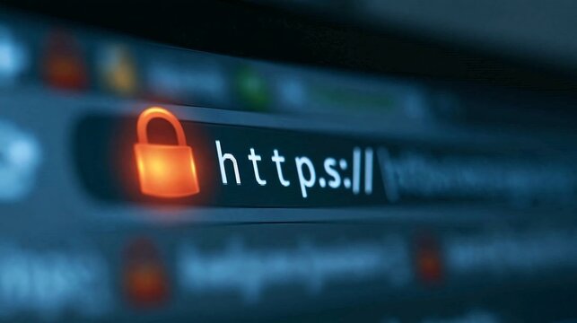 Internet browser address bar displaying secure HTTPS connection with glowing orange padlock symbol representing cybersecurity, data privacy, encrypted network, and online web protection technology.