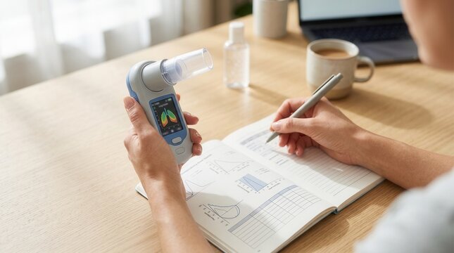 Person uses digital spirometer and records data in a notebook, laptop and coffee nearby