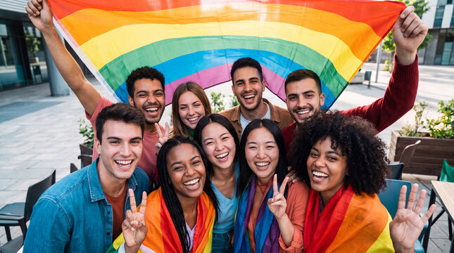 A diverse group of cheerful young friends holding a large rainbow flag and smiling at the camera during a Pride Month celebration outdoors.