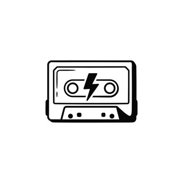 Retro cassette tape with lightning bolt symbol for music and energy.