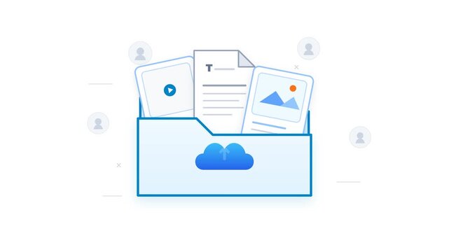 Digital cloud storage folder containing various document and media file icons.