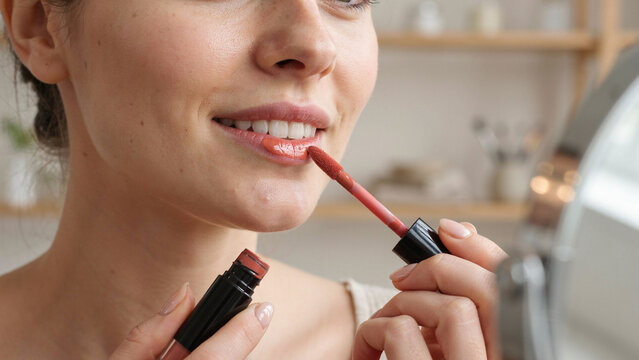 Woman applying nude liquid lipstick with wand applicator on lips in front of mirror
