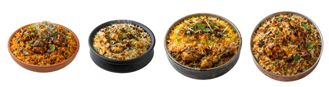 Delicious spicy chicken biryani set in various traditional bowls showcasing vibrant colors and aromatic spices isolated on transparent background