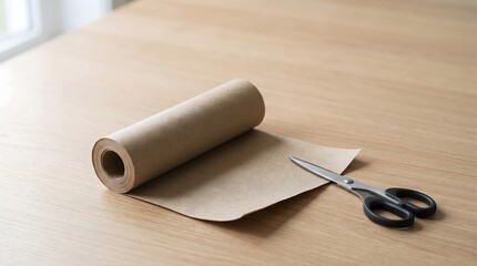Fototapeta premium Recycled paper roll beside scissors, sustainable DIY gift wrapping concept