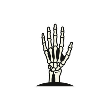 Skeleton hand emerging from the ground with a white background.